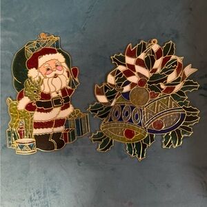 Stained Glass Christmas Window Hangings Santa and Garland with Bells Profile Vtg